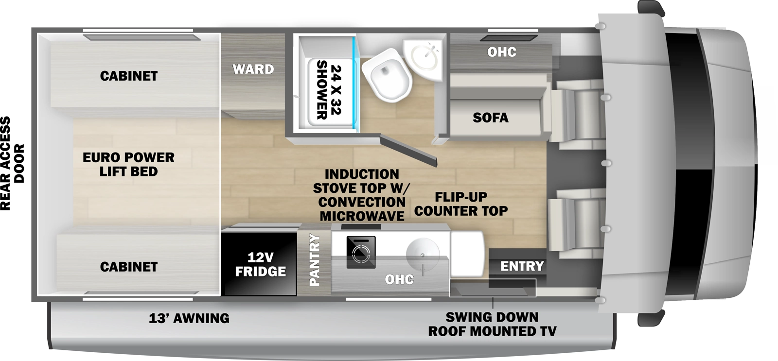 The Forester 2031RP floorplan has one entry and zero slide outs. Exterior features include: 13' awning. Interiors features include: rear bedroom.